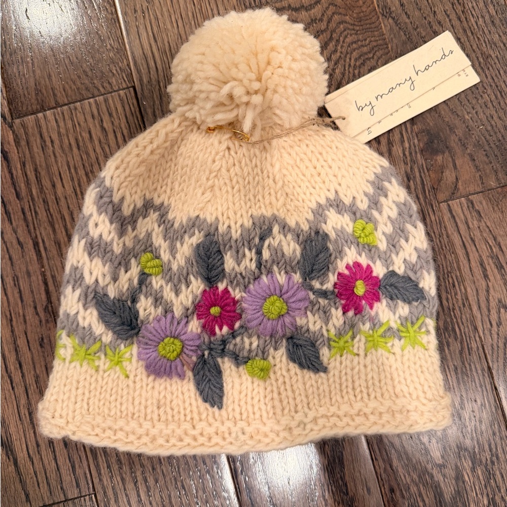 Handcrafted Cream Knit Kids Beanie with Floral Accents and matching mittens
